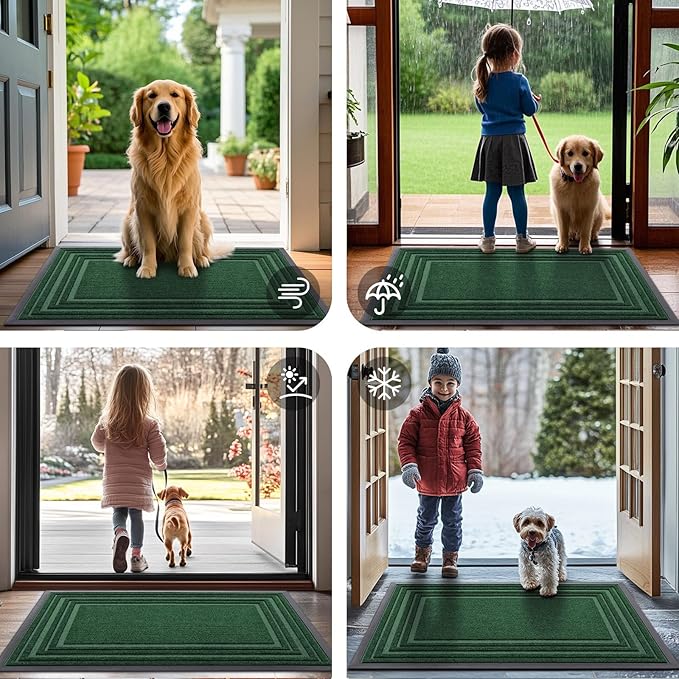 Buganda Front Door Mat Indoor Outdoor Entrance, Non-Slip Natural Rubber Doormats, Easy Clean, Low Profile, Dirt Trapper Entryway Floor Mats for Outside, Garages and Patios, 29.5x17, Green