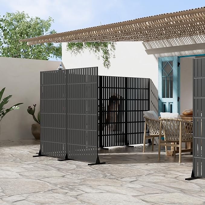 Casaphoria Metal Privacy Screen Outdoor, 72" H x 35" W Freestanding Decorative Privacy Screen for Patio Deck Balcony Garden with Stable Base, Fence Black