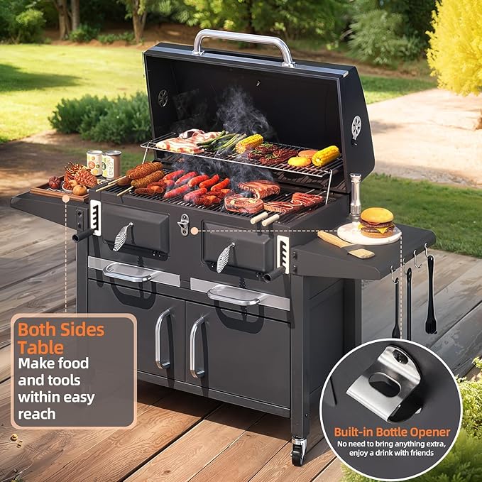 MELLCOM Charcoal Grills, 36 In Large BBQ Grill with Storage Cabinet, 620 Sq.In Oversized BBQ Area, Individual Lifting Charcoal Trays, Foldable Side Tables and Thermometer for Patio, Outdoor, Balcony