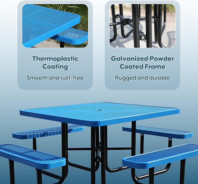 46'' Square Picnic Table for Outdoors, Commercial Steel Metal Picnic Tables, Heavy Duty Sturdy Picnic Tables Furniture Set for Patio Garden Courtyard BBQ, with Umbrella Hole, Blue