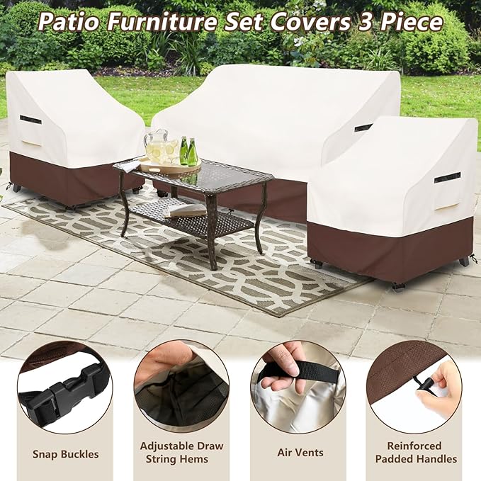 Patio Furniture Covers,3 Piece Heavy Duty Waterproof Outdoor Furniture Cover,Outdoor Furniture Covers for Patio Furniture,Includes 2 Patio chair covers 30in and 1 Patio loveseat cover 58in,Beige
