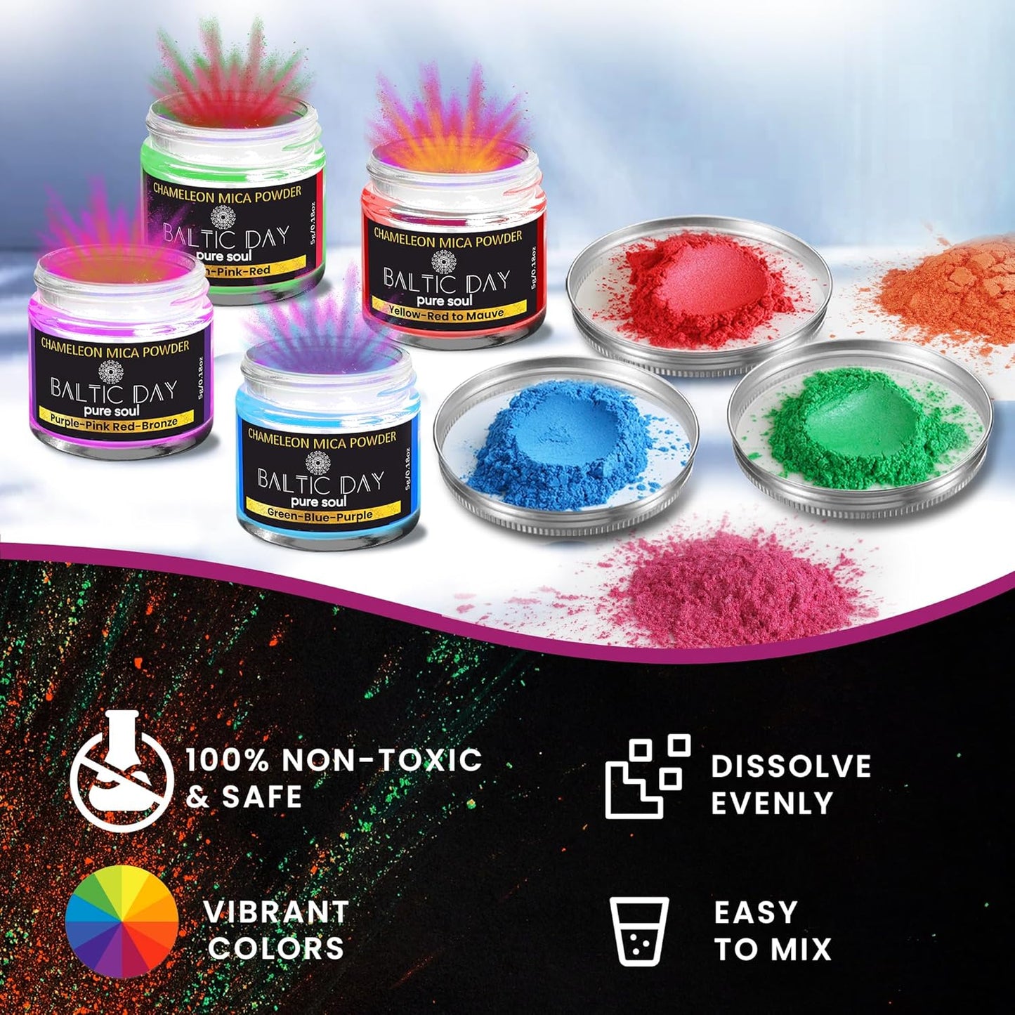 BALTIC DAY - Chameleon Mica Powder, 40 Jars of Color Shift Mica Powder Set - Chameleon Mica Powder for Resin - Chameleon Powder - Holographic Mica Powder