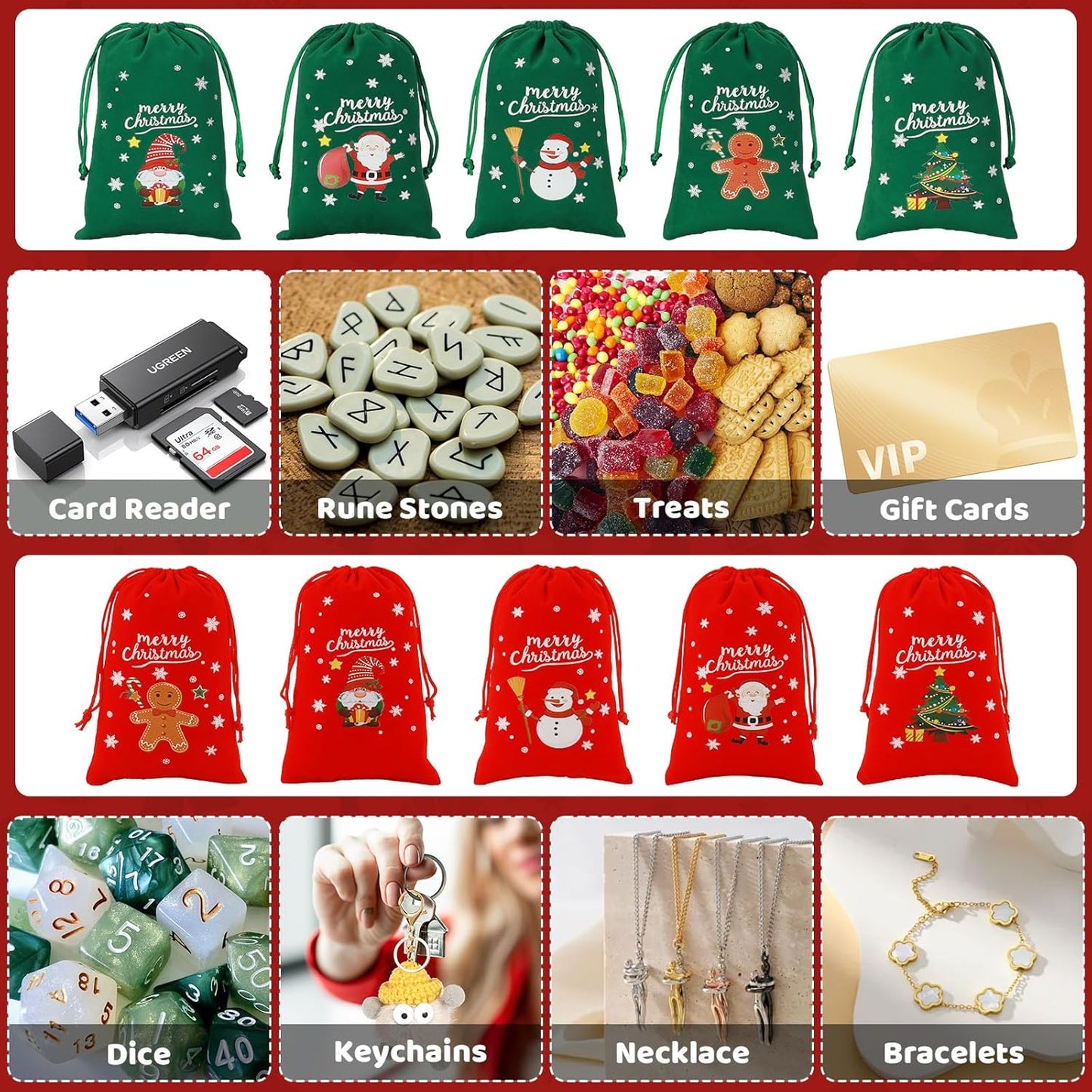 Tapleap Christmas Bags with Drawstring - 50Pcs 4x6 Red and Green Velvet Cloth for Wrapping Dice, Jewelry, Party Favors or Gifts for Friends, Children, Customers