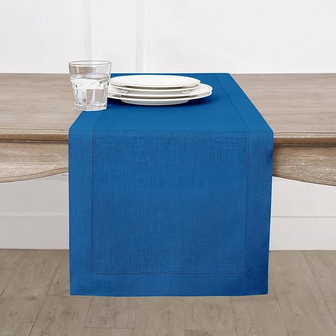 Solino Home Linen Indigo Blue Table Runner 72 Inches Long - 100% Pure Linen Hemstitch Table Runner 14 x 72 Inch for Dresser, Dining, Winter, Spring, Easter - Classic Hemstitch