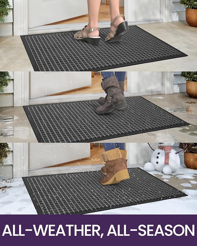 DEXI Front Door Mat Outside Entrance, 2x4 ft Rubber Entry Doormat Heavy Duty, Welcome Mats Non Slip for Inside House Floor Entryway Double Doors Exterior Patio, Squares Grey
