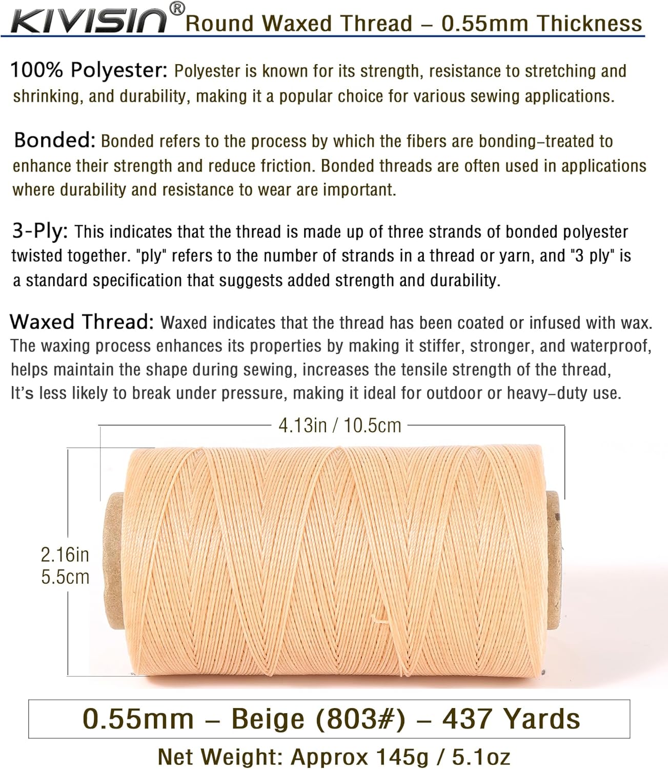 Sturdy Bonded Waxed Polyester Thread, 0.55mm, 437 Yards Wax String Cord - Beige for Leather, Hand Sewing, Stitching, Beading, Bookbinding, Bracelets and Macrame Jewelry Making