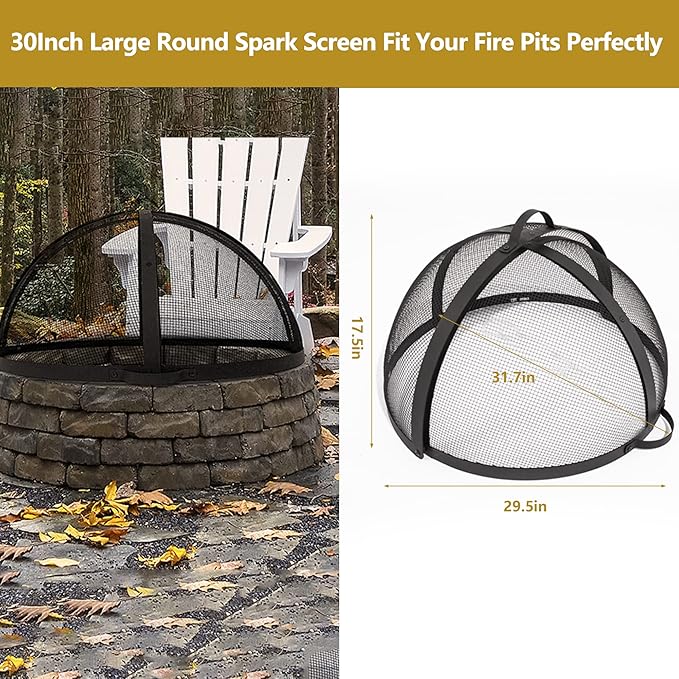 WeCooper 30In Round Fire Pit Spark Screen Cover, Outdoor Patio Easy-Opening Fire Pits Mesh Screen, Heavy Duty Steel Firepit Ember Lid with Hinge