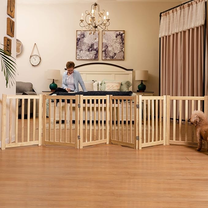 LZRS 6-Panel Extra-Wide Freestanding Wooden Dog Gate Indoor – 24”High Foldable Safety Pet Barrier for Doorways, Hallways, Kitchens, Durable Design fit Small to Medium Dogs, Natural