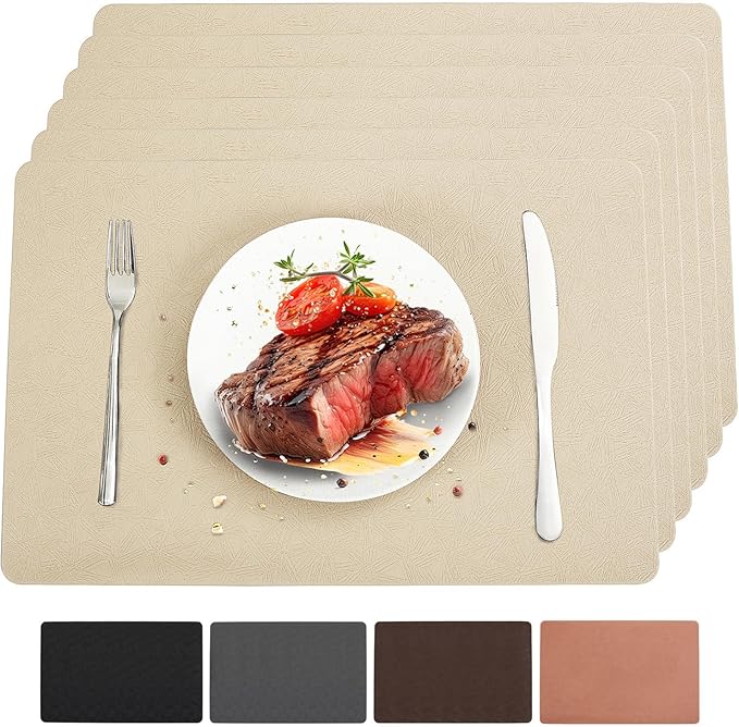 Vinyl Placemats Set of 6 Heat Resistant Easy Clean Non-Slip Place Mats for Dining Table. Faux Leather Waterproof Stain Resistant Wipeable Washable PU Table Mats(6, Beige)