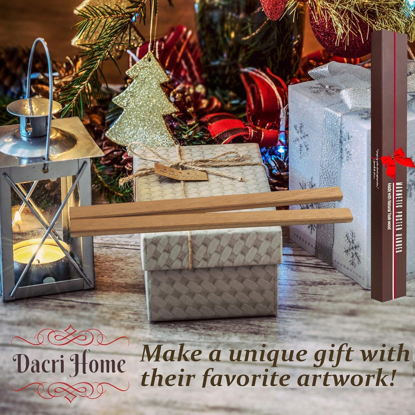 DACRI HOME 46" Magnetic Poster Hanger Frame - Sturdy Teak Wood Poster Frame, Strong Magnets for Easy Hanging Map Picture Canvas Print Scroll Wall Art (46 Inch, Natural Wood)