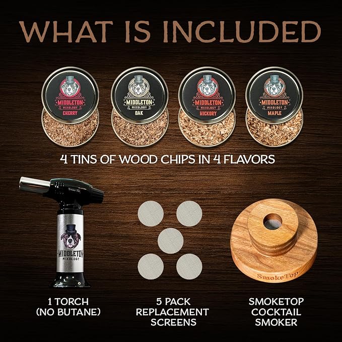 SmokeTop Cocktail Smoker Kit and Torch with Cherry, Hickory, Maple, and Oak Wood Chips - Cocktail Smoker Kit & Chips for Old Fashioned Cocktails, Whiskey, & Bourbon - NO Butane Included