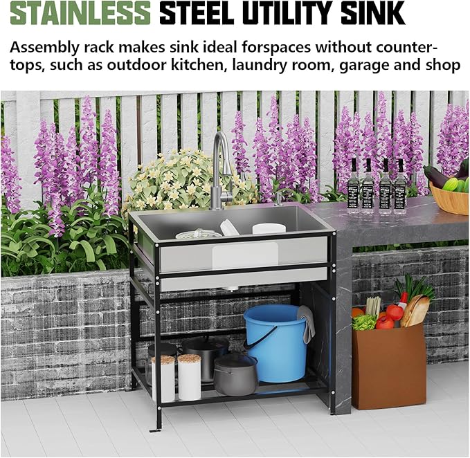 30x22 Inch Stainless Steel Utility Sink-Freestanding Laundry Sink Practicality With Accessories Stainless Functional Faucet,Soap Dispenser, SS Sink Grid For Laundry,Garage,Outdoor Kitchen,Garden...