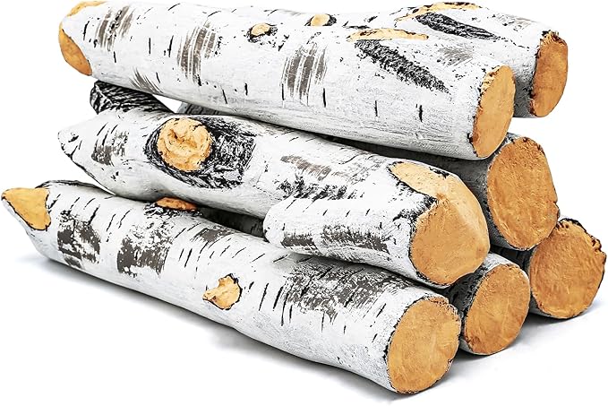 Gas Fireplace Logs, Birch Logs 7pcs Fake Fireplace Insert, Faux Ceramic White Birch Wood Firepit Firebowl Indoor or Outdoor Decor