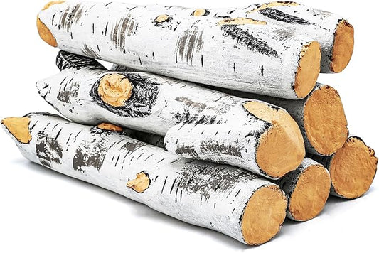 Gas Fireplace Logs, Birch Logs 7pcs Fake Fireplace Insert, Faux Ceramic White Birch Wood Firepit Firebowl Indoor or Outdoor Decor