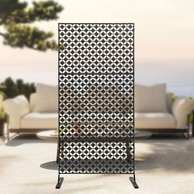 Outdoor Metal Privacy Screen with Stand, 35.4" W x 75" H Freestanding Metal Slatted Decorative Privacy Screen and Panels for Patio Garden Balcony Porch (Black Star)
