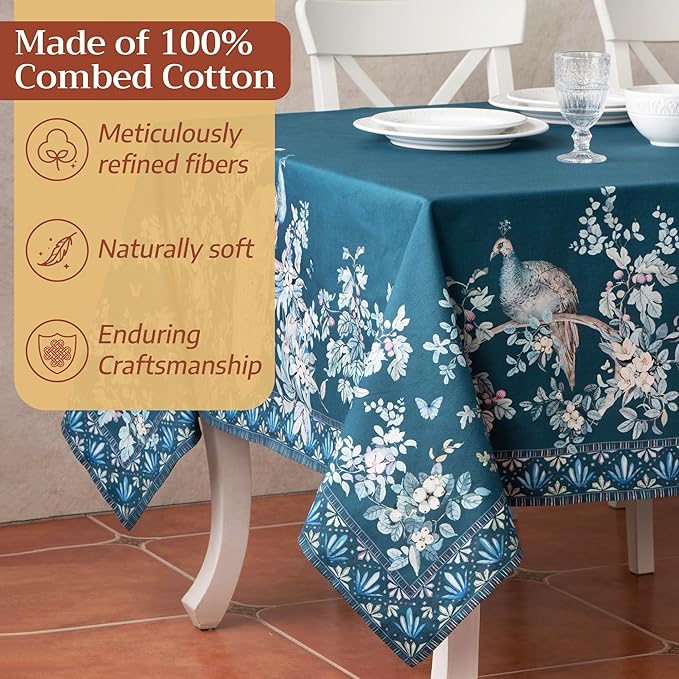 Maison d' Hermine Premium Table Cloth Rectangle Table 100% Combed Cotton 120 x 70 Inches Tablecloth Reusable Decorative for Dining Room, Farmhouse, Party, Festive & Wedding - Peacock Utopia - Deep Sea
