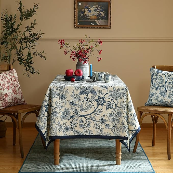 ISAENNE Designer French Linen Extra Long Rectangle Tablecloth,Blue Floral Washable Indoor Table Cloth,Durable Home Decor Tablecloths for Dining Thanksgiving Kitchen Party,67"*118"-Ruyi B