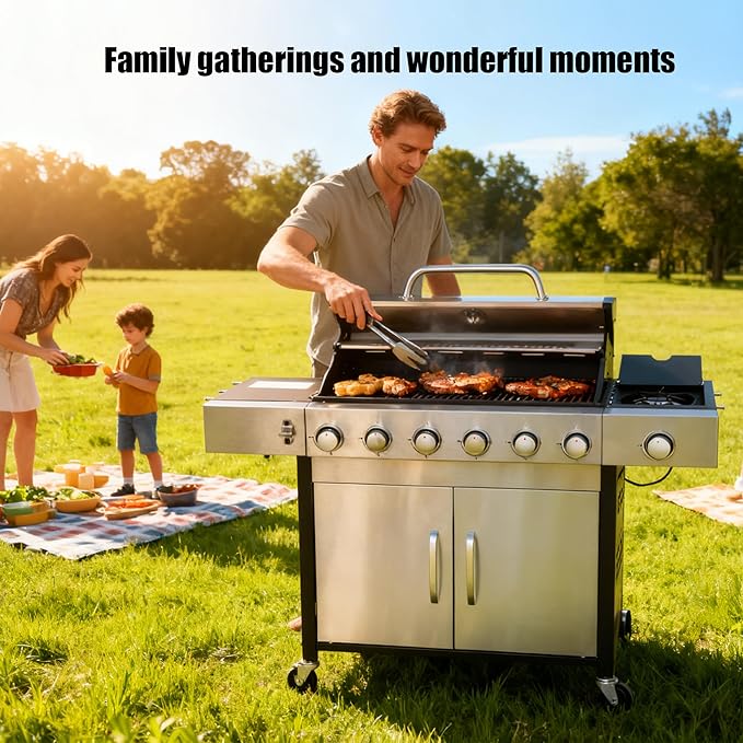 6-Burner Gas Grill with Side Burner, 65850 BTU Outdoor BBQ Grill, 620 sq in Cooking Area with Cast Iron Grates, Enameled Steel Lid & Built-in Thermometer for Patio, Garden, Family Gatherings