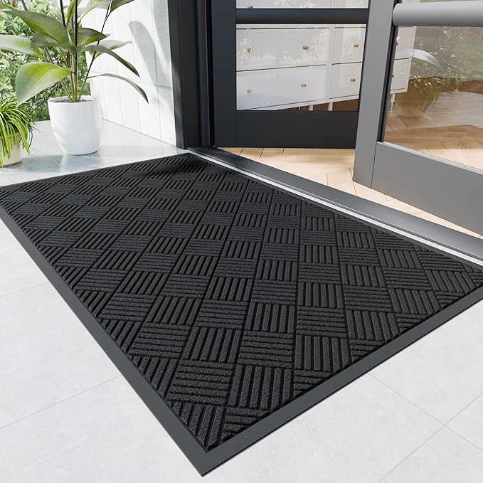 Durable Indoor Outdoor Door Mat, 2' x 6' Heavy Duty Front Door Mat for Entryway, Non-Slip Backing, Stain and Fade Resistant, Absorbent Commercial Floor Mat for High Traffic Area, Black