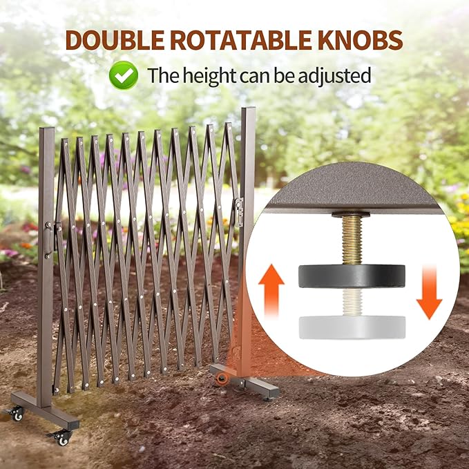 TECSPACE Aluminum Expandable Garden Fence, Portable Barricade Gate with Casters, Adjustable Retractable Fence Mobile Barricade Safety Barrier (Brown, 130×15×41 inch)