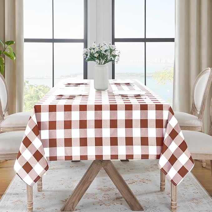 Softalker Gingham Checkered Tablecloth Rectangle - Outdoor Waterproof Buffalo Plaid Table Cloth, Stain Resistant Washable Table Cover for Picnic, Camping, Dining - Rust and White, 60 x 102 Inch