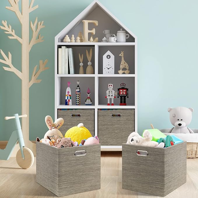 Posprica 13x15x13 Storage Cube Bins, Foldable Collapsible Storage Bins Boxes, Fabric Decorative Storage Baskets Organizer for IKEA Kallax, Shelves, Closet, Clothes, Toy, Set of 4-Coffee