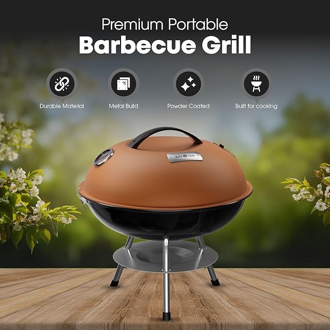 GasOne CG-14T – 14-inch Portable Barbecue Grill with 3-Point Locking Lid for Heat Preservation – Dual Venting System – Small Charcoal Grill for Backyard, Camping, Boat