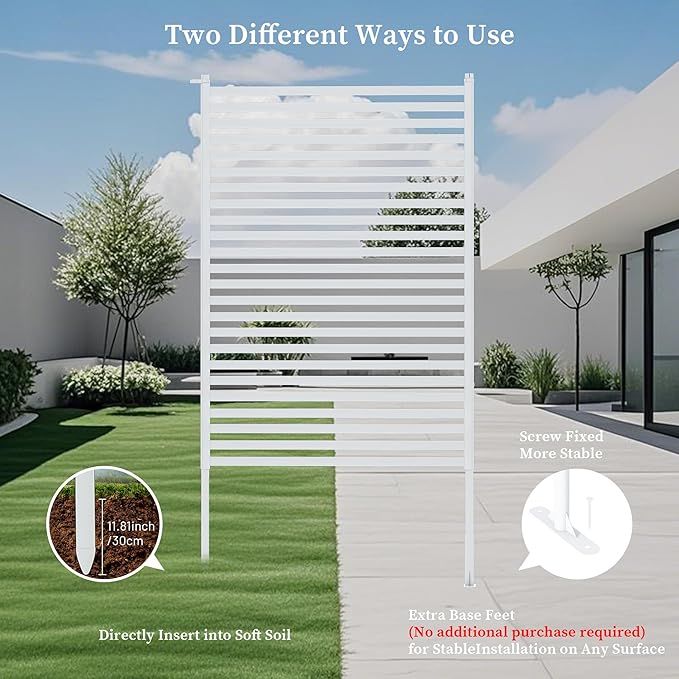 Outdoor Privacy Screen with Stand, Rustproof Metal Fence Panel, 35.43’’ x 71’’ PE-Coated Steel Slats, Decorative Privacy Fence for Patio, Garden, Backyard, Trash Can, White(1 Panel)