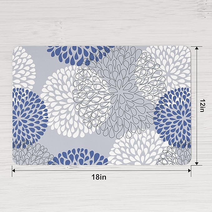 QIYI Placemats Set of 4, 12x18 Inch Faux Leather Place Mats for Kitchen Dinning, Heat Resistant Anti Slip Flower Table Mats, Waterproof Wipeable Washable Placemat Party Table Décor, Blue Floral Burst