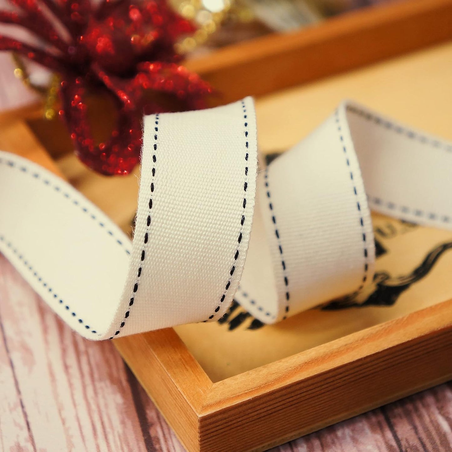 CT CRAFT LLC Ivory Cotton Black Stitched Ribbon 7/8" x 10 Yards for Home Décor Gift Present Wrapping DIY Crafts Birthday Wedding Bouquet Christmas