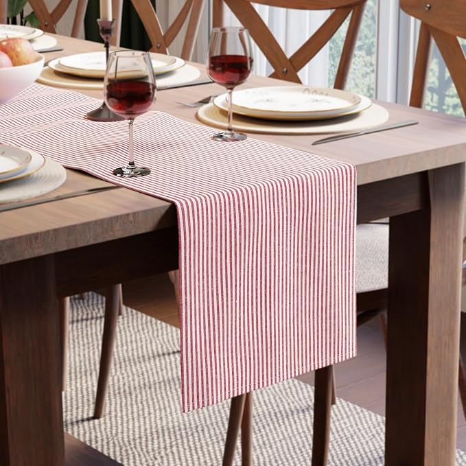 Encasa XO Cotton Dining Table Runner | Ticking Red | Size 13x94 in - Machine Washable & Durable