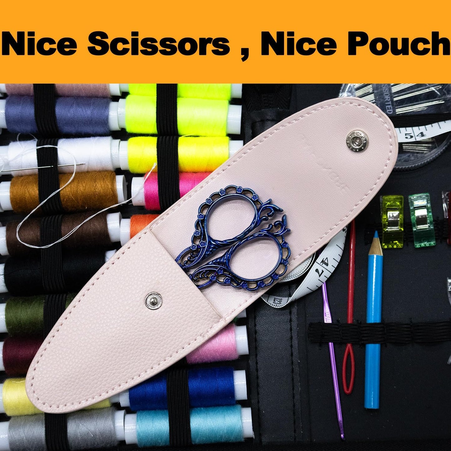 4.7 INCH Small Sewing Scissors,Embroidery Scissors With Cover,Sharp pointed tip,Travel Scissors In A Pouch,Mini Stainless Steel Crochet Scissors for Craft Art Work Color BLUE