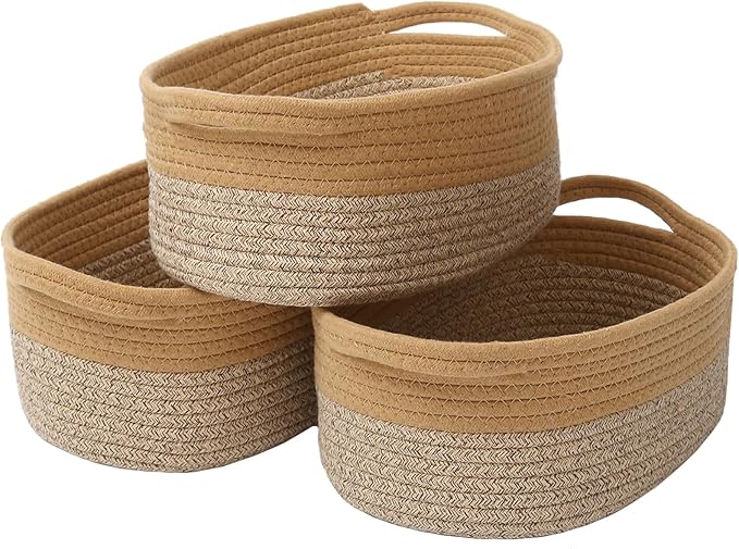 Woven Basket,Small Rope Storage Bin with Handles & Ribbon Bag, Organizer for Shelves Closets,Gift Basket Empty for Birthday,Books,Dog Toys, Jute&Brown/3 Pack