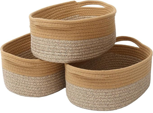 Woven Basket,Small Rope Storage Bin with Handles & Ribbon Bag, Organizer for Shelves Closets,Gift Basket Empty for Birthday,Books,Dog Toys, Jute&Brown/3 Pack