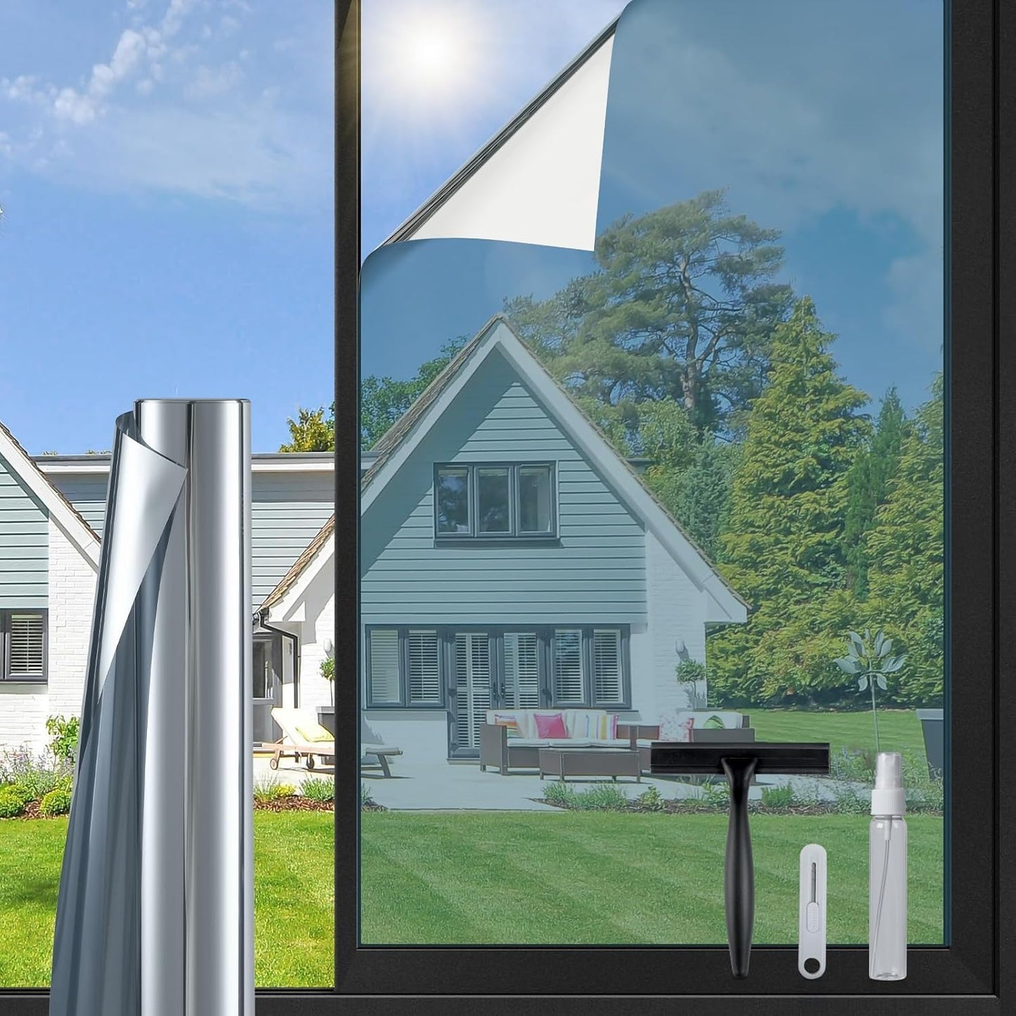 DOWELL One Way Window Privacy Film with 3 Tools Window Tint for Home Sun Blocking Heat Control Anti UV Reflective Mirror Covering See Out Not in for House and Office Silver 23.6" X 78.7"