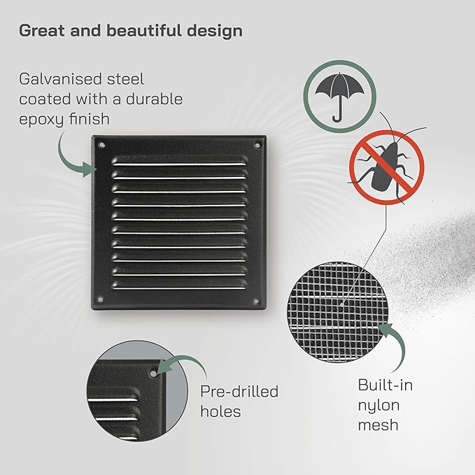 Vent Systems 6 x 6 Inch (Inner) - Pack of 2 - Black Vent Cover - Square Metal HVAC Return Air Grille with Mesh Screen - Register Wall Vent Duct Grill - Outdoor, Indoor, Crawlspace Exhaust Ventilation