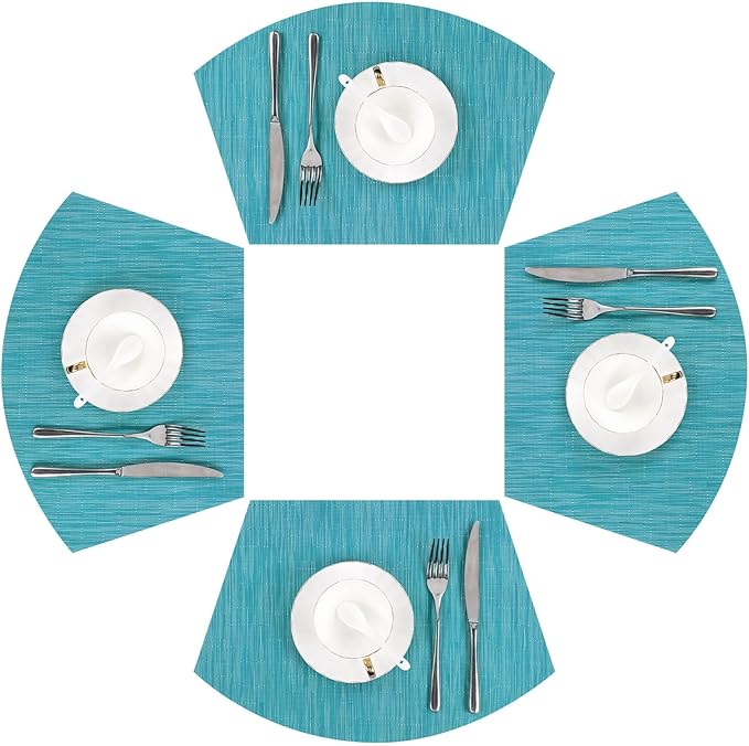 SHACOS Wedge Shape Placemats Set of 4 Round Table Placemats Heat Resistant Woven Vinyl PVC Table Mats Indoor Outdoor Wipe Clean (4, Teal Blue)
