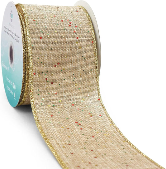 CT CRAFT LLC Tan Burlap Fabric Confetti Glitter Wired Ribbon 2.5" x 10 Yards Natural Color for Christmas Home Wedding Decor Gift Wrapping Tree Topper Bow Wreath Bouquet DIY Crafts