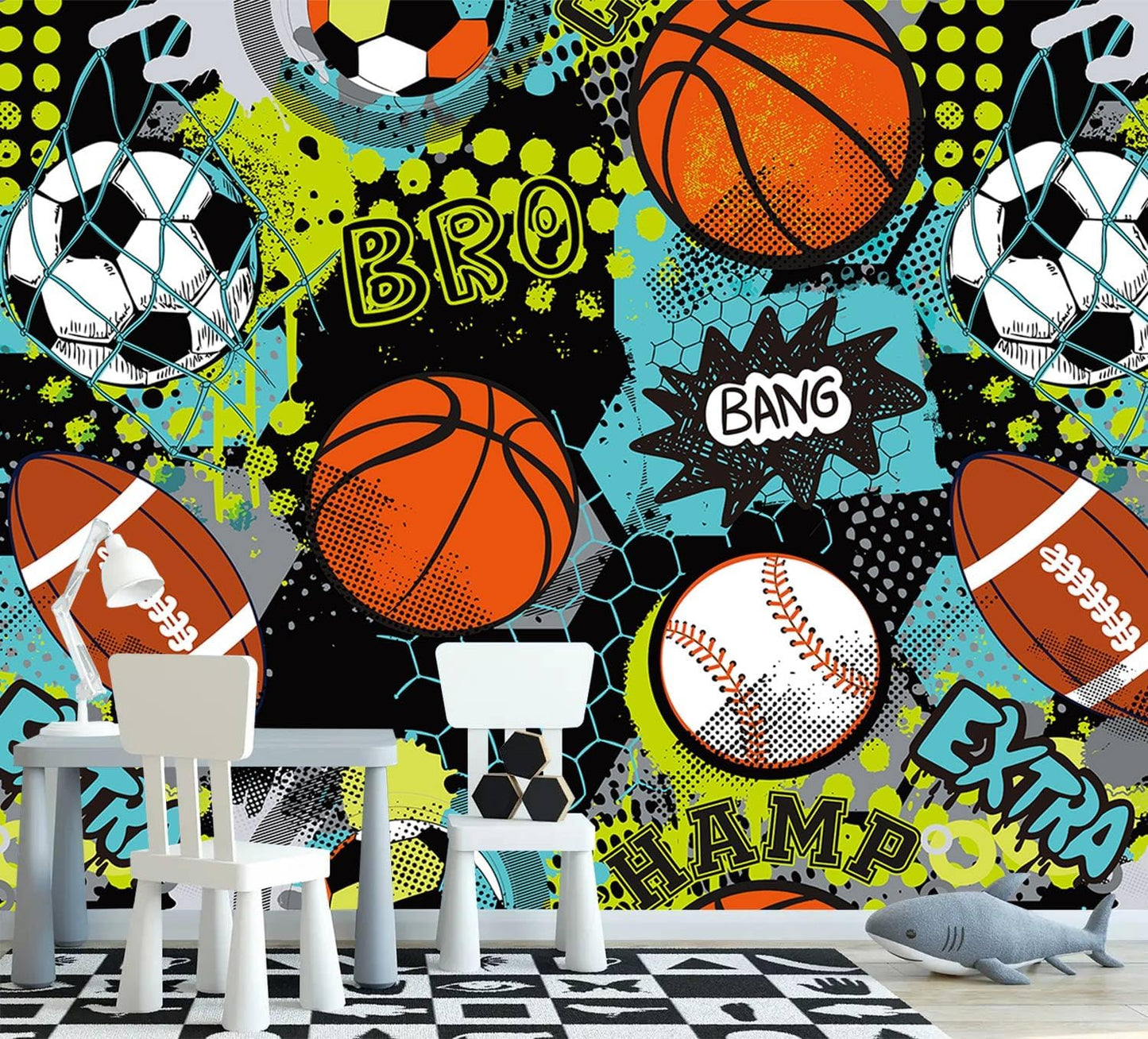 AFZEVEB-Colorful Graffiti Wallpaper Hand-Painted Ball Wall murals for Kids Room 159"x107"(Not Peel and Stick)
