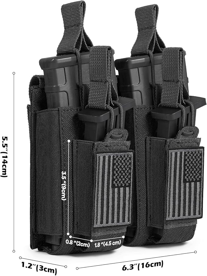 Open-Top Single/Double/Triple Molle Mag Pouch for 5.56mm M4 M16 AK AR Glock M1911 9mm Elastic Rifle Magazines Pistol Mag Pouches Holder Carrier with USA Flag Patch
