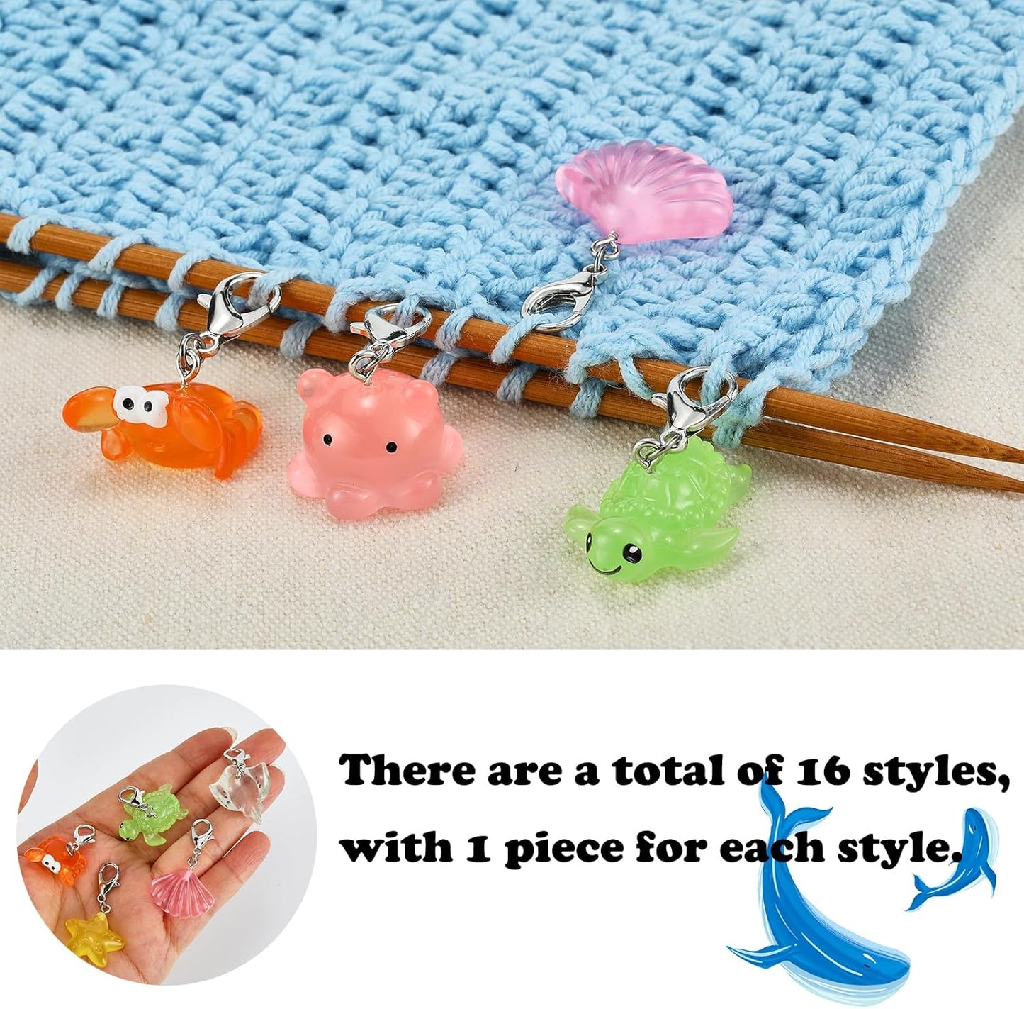 BEEFLYING 16Pcs Marine Animal Stitch Marker Charms for Crocheting and Knitting, Resin Crochet Knit Stitch Marker Pendant with Lobster Clasp for Knitting Crocheting Sewing Accessories