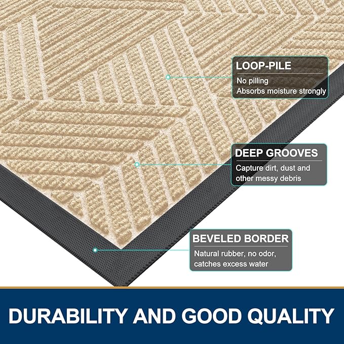 Smiry Front Door Mat Outside Entrance, Heavy Duty Sturdy Natural Rubber Doormat, Trap Dirt and Moisture, Easy Clean Low Profile Mats for Indoor Outdoor Entry, Irregular Triangle (71x24, Beige)