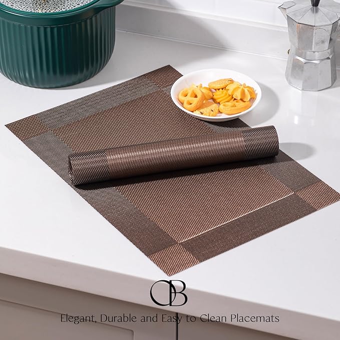 Placemats Set of 6 - Easy Clean Woven Vinyl Placemats for Dining Table, Indoor/Outdoor Place Mats, Washable PVC Table Mats（Brown Cube）