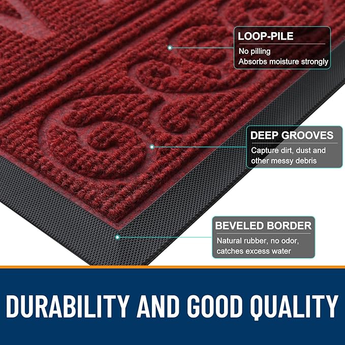 OLANLY Welcome Door Mat Indoor Outdoor Entrance, Heavy Duty Sturdy Front Door Mat, Waterproof All-Weather Doormat, Stain Resistant, Low Profile, Easy Clean Patio Entryway Mat, 29.5 x 17, Wine Red