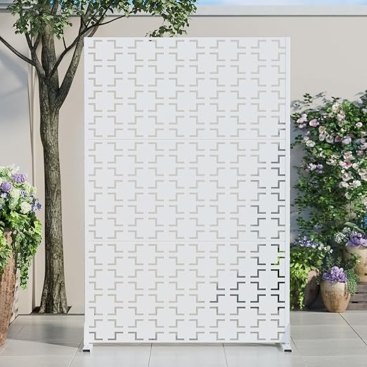 Casaphoria 72" H x 47" W Metal Outdoor Privacy Screen, Freestanding Decorative Divider for Patio, Deck, Balcony, and Garden with Stable Base, White Brick