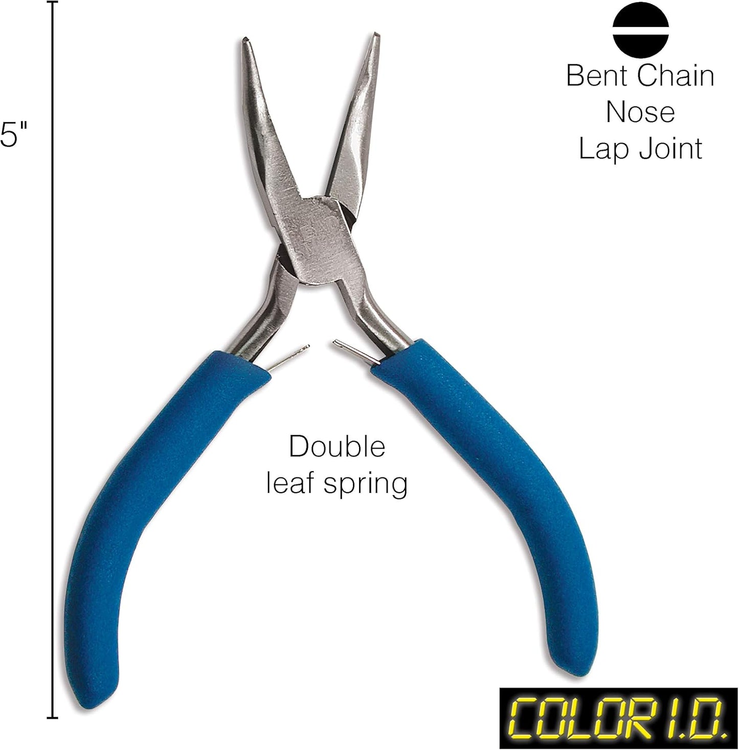 The Beadsmith Color-ID Bent Chain Nose Plier – 5 inches (127mm) – Blue Comfort Grip Handle – Polished Steel Head and Double-Leaf Spring - Tool for Jewelry Making