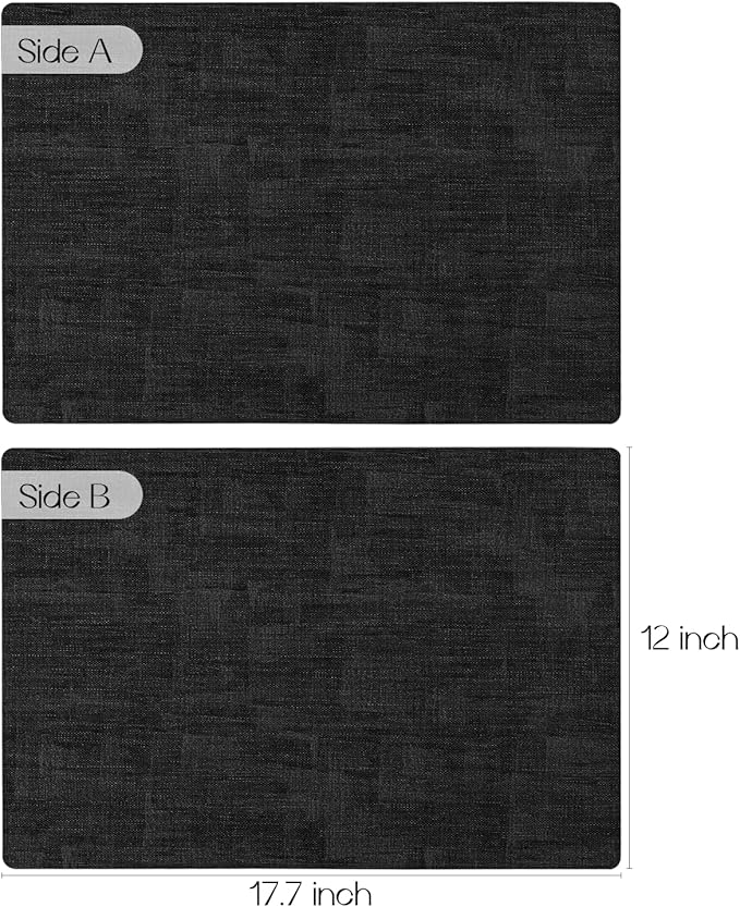 Romanstile Reversible Vinyl Placemats Set of 4, Faux Leather 100% Waterproof Oil-Proof Wipeable Place Mats, Heat Resistant Dual Sided Table Mats for Kitchen/Dining/Party (Black, 12 x 17 Inch)