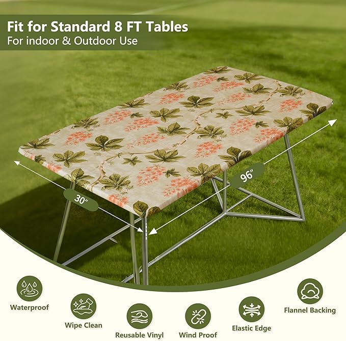 Rectangle Picnic Table Cloth, Elastic Waterproof Fitted Vinyl Tablecloths for 8 Foot Tables, Wipeable Flannel Backed Table Covers for Dining, Camping, Outdoor(Flower,30"x96")