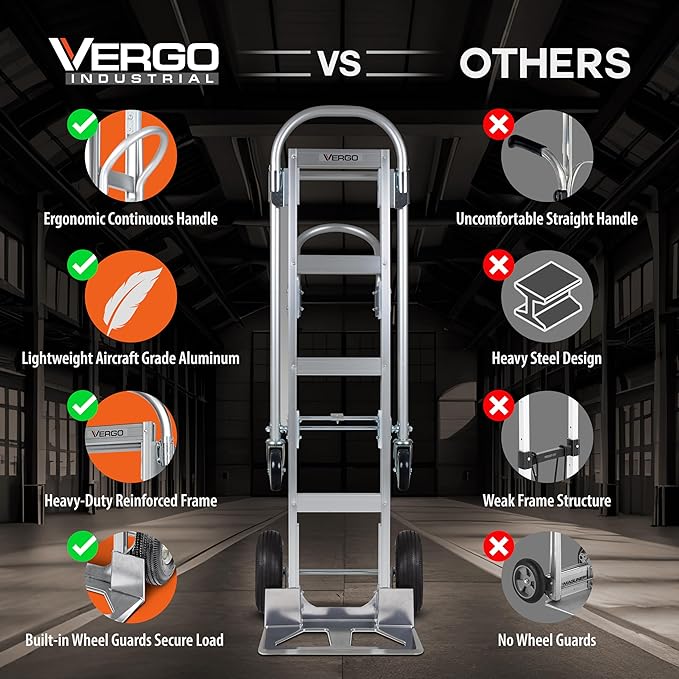 Vergo Industrial Convertible Hand Truck - AS7B Heavy Duty Aluminum 2 in 1 Dolly (800 lb Capacity) Lightweight Reinforced Frame, Ergonomic Handle, Superior Mobility Moving Dolly (2 Positions, 63" High)