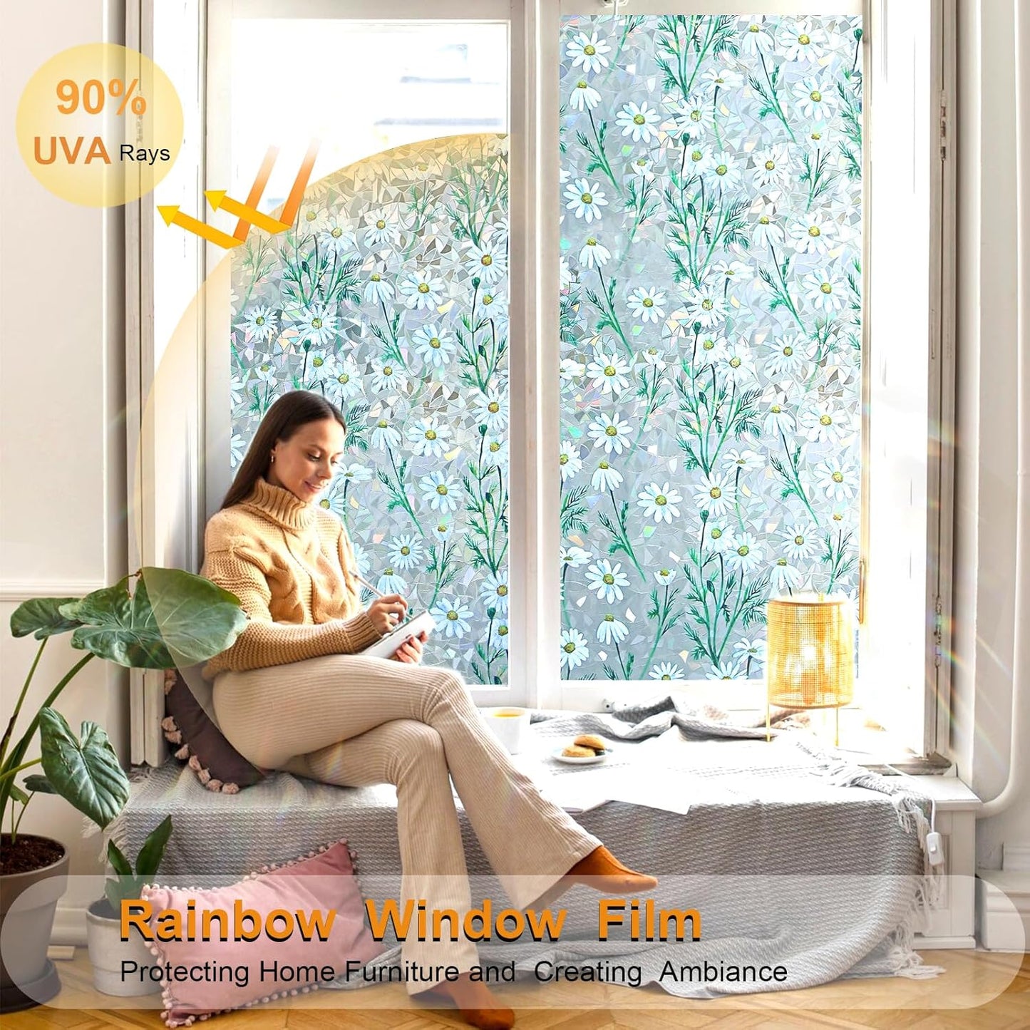 Window Privacy Film Stain Glass Window Film Rainbow Window Film Window clings Non-Adhesive Reusable Decorative for Room (Daisy Rainbow, 35.4 x 157.4 in)